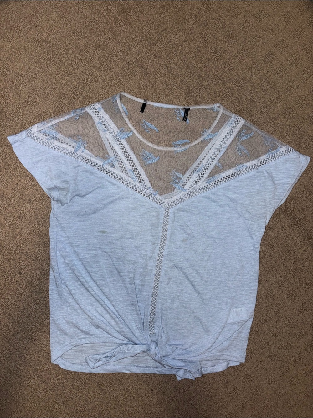 Buffalo David Bitton Light Blue Lace Yoke Knot-Front Tee, Women’s Size XS